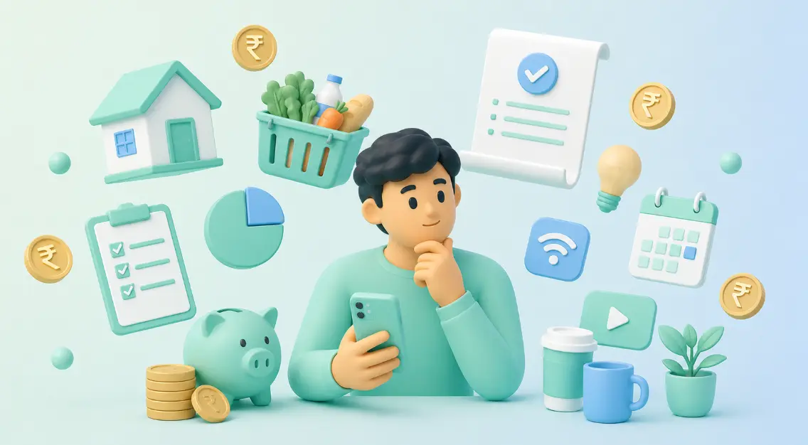 a person is learning how to manage everyday expenses while trying to save money, rent, groceries, bills, subscriptions, and social plans