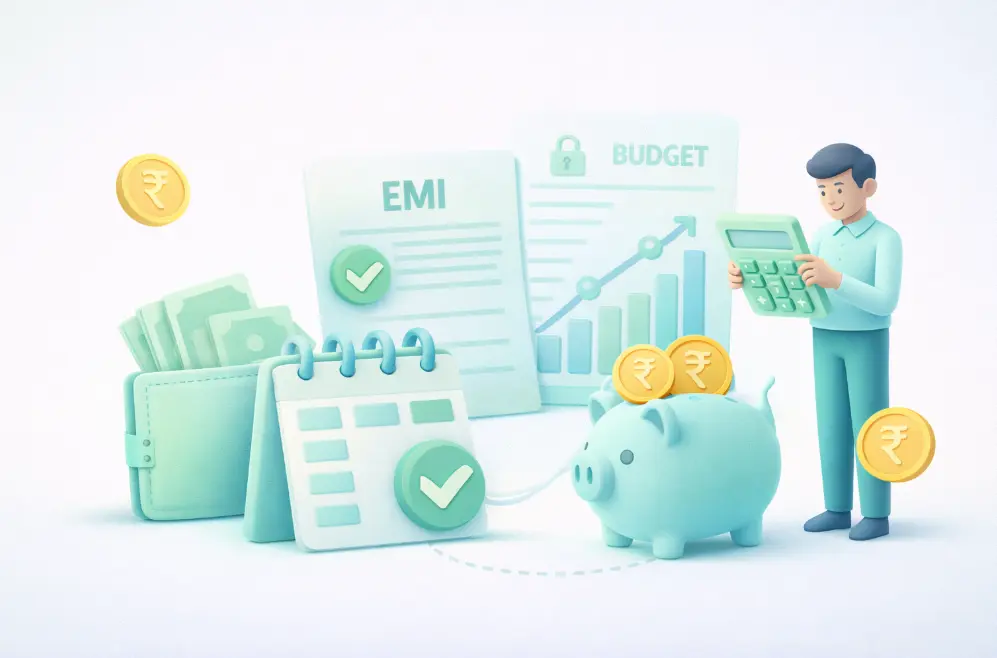 smart EMI management financial illustration with wallet, savings piggy bank, and coins showing balanced monthly budgeting