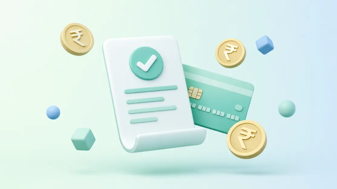 mint green fintech loan approval document illustration with floating rupee coins, credit card, soft pastel 3D banking elements