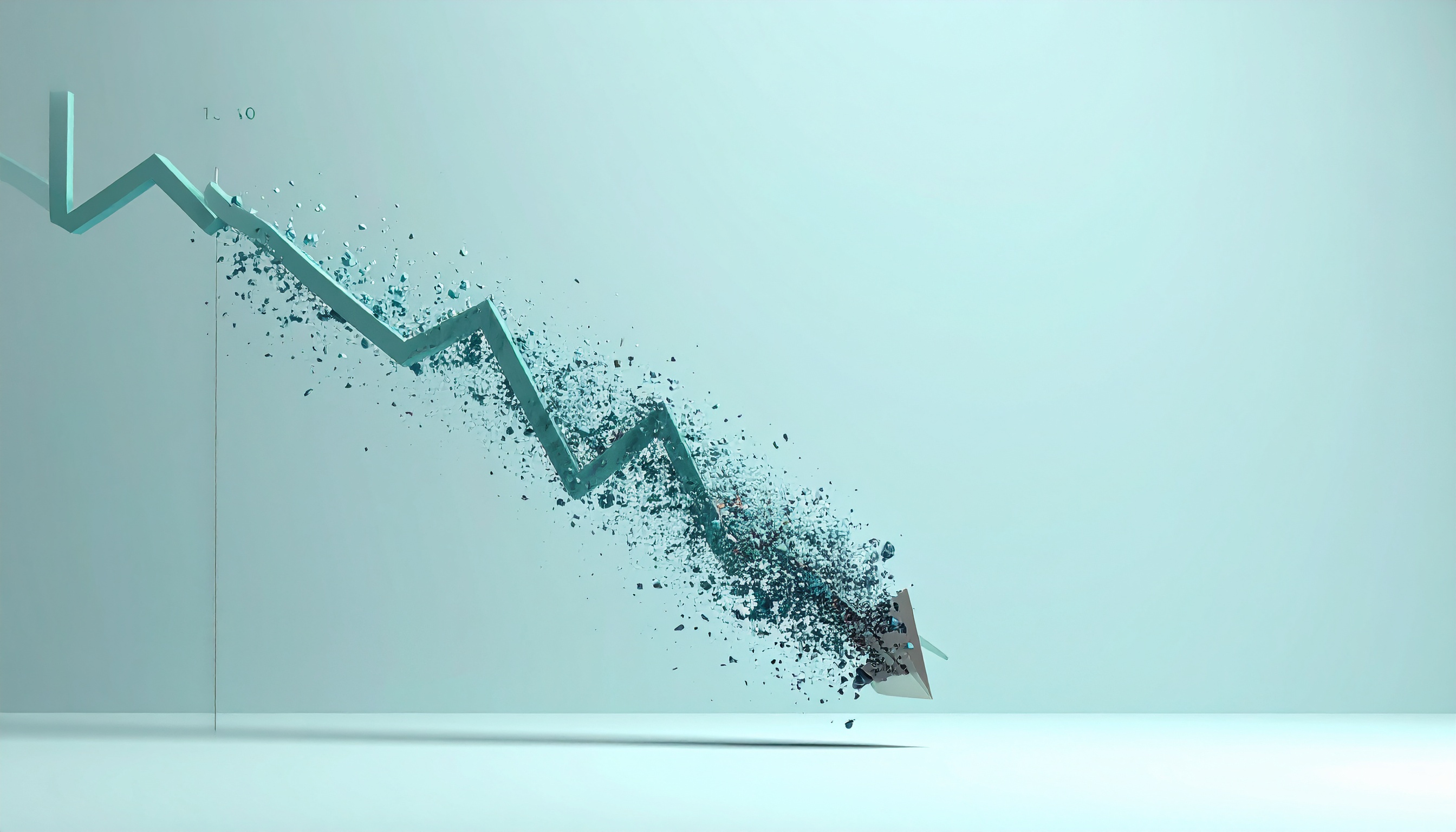 A 3D illustration shows a line graph in a light blue-green color trending sharply downward. The descending line is breaking apart into many small pieces as it falls. The background is a solid light blue-green.
