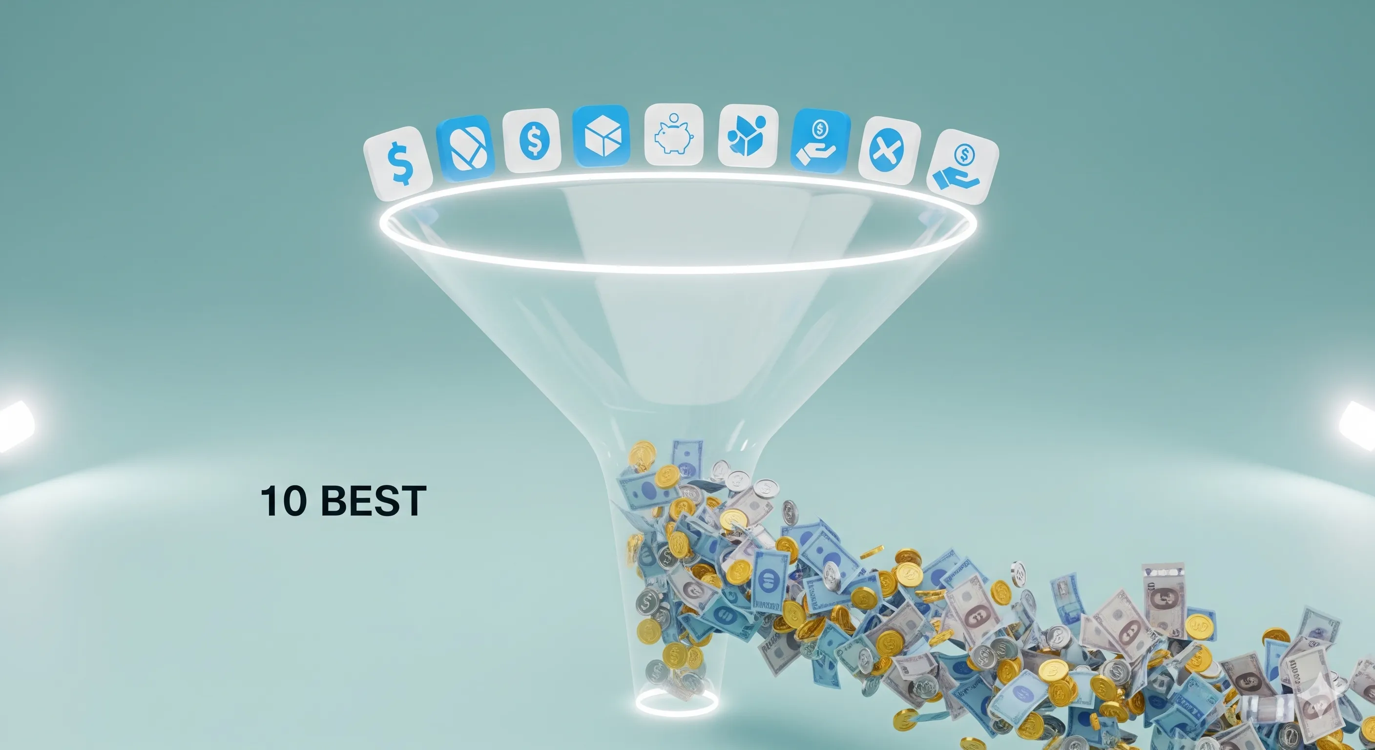 A 3D illustration shows ten smartphones lined up horizontally, each with a light blue padlock icon on the screen. A pile of dollar bills and coins sits in front of the center phone, with some bills flowing into the phone and others emerging from it. The background is a light blue-green color.