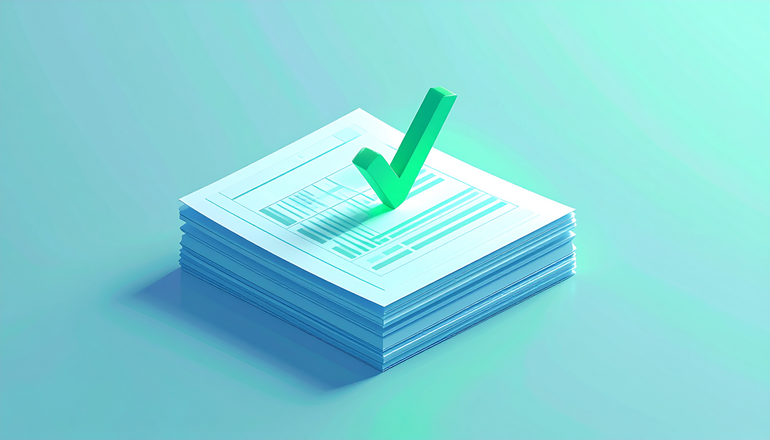 A 3D illustration shows a stack of white papers with green and gray text and a green checkmark resting on top. The background is a light blue-green.