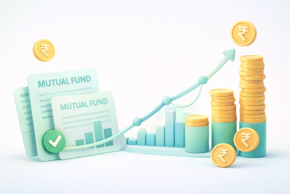 3D illustration showing mutual fund certificates and stacks of rupee coins connected by a financial graph, representing liquidity unlocked through loans against investments