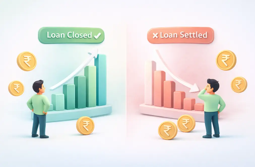 two contrasting financial outcomes: one side showing a "Loan Closed" status with a rising credit score graph, and the other showing a "Loan Settled" label with a declining credit score.