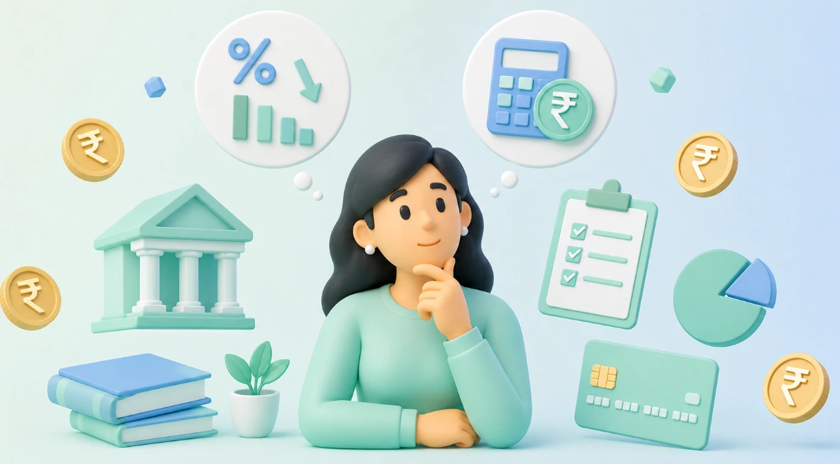 a woman comparing loan options based on EMI & interest rates