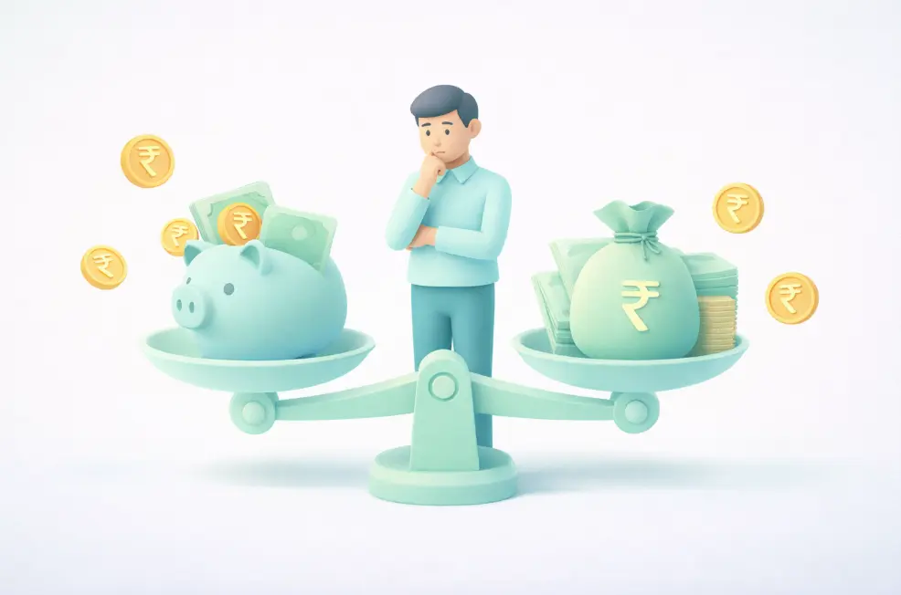 a tiny man figure comparing savings and loan options on a balance scale with piggy bank and cash bag, showing financial decision making