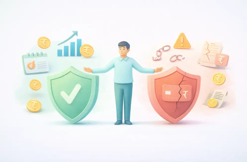 a tiny man figure choosing between wise loan use and debt trap with protective shields and warning symbols, highlighting financial responsibility
